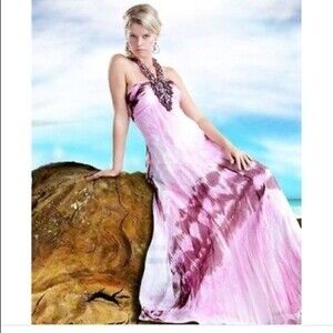 Jovani Silk Watercolor Open Back Beaded Gown S